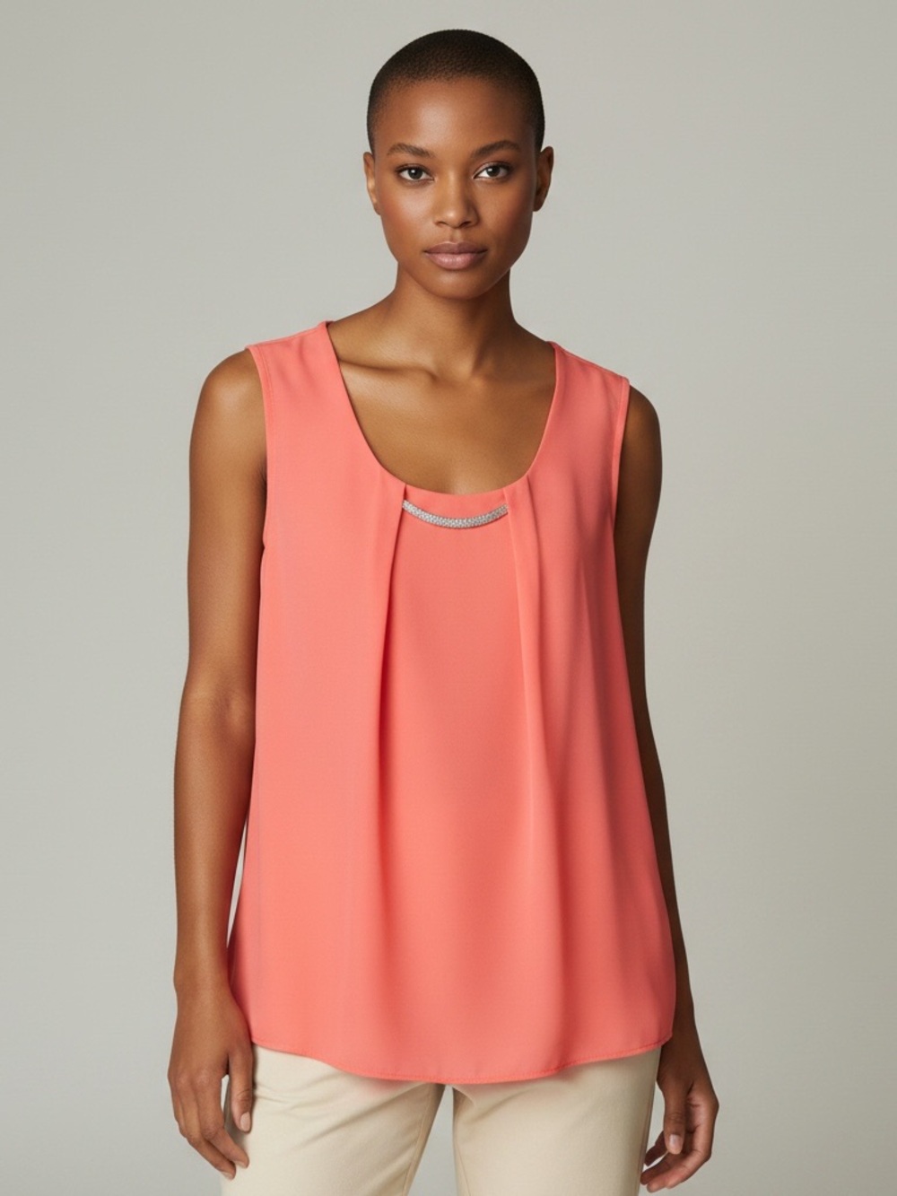 Y2K Boho  JM Collection Coral Sleeveless Pleat Front Top with Gold Chain